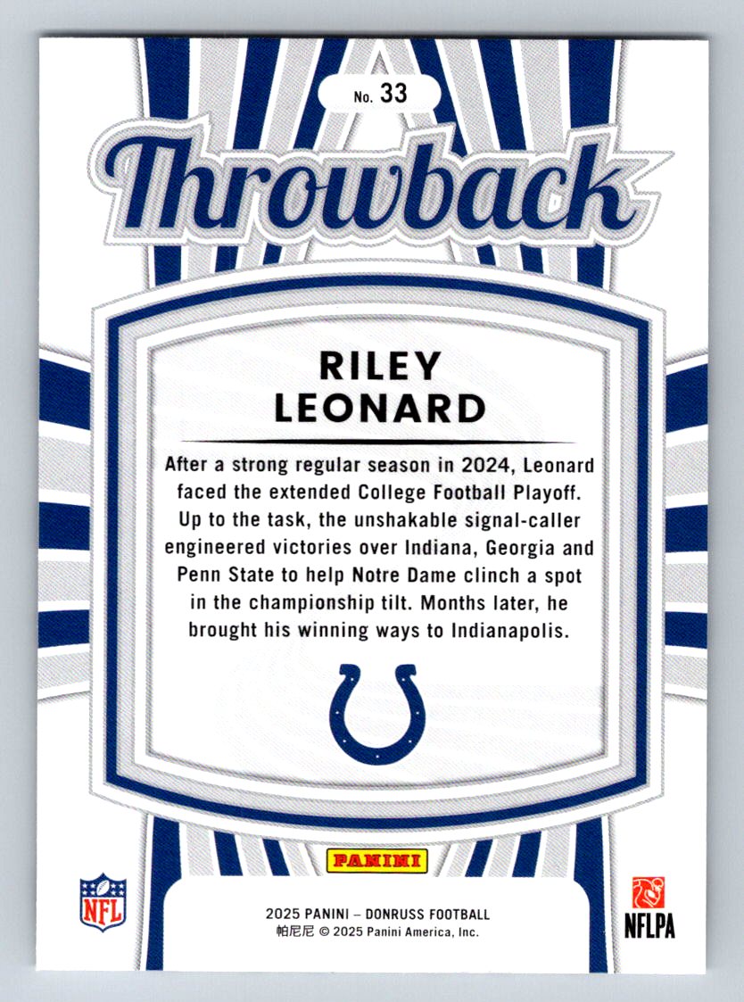2025 Donruss #33 Riley Leonard Rated Rookies Throwback