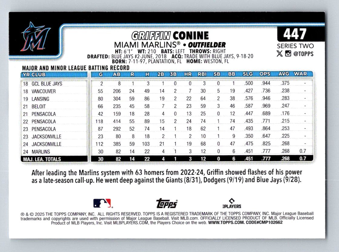 2025 Topps #447 Griffin Conine Aqua Rainbow Foil