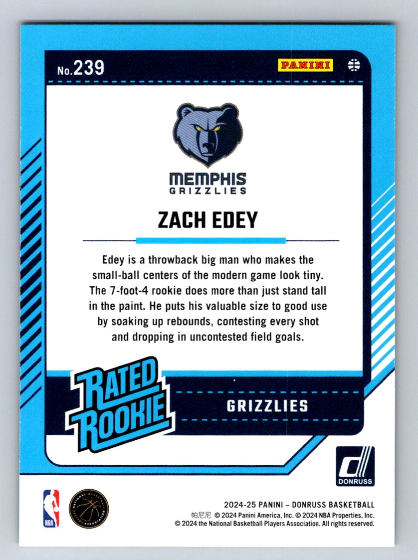 2024-25 Donruss #239 Zach Edey Holo Green Laser