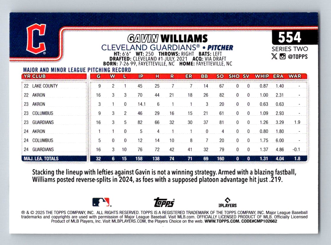 2025 Topps #554 Gavin Williams