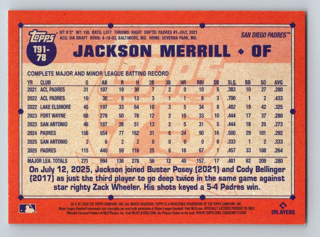 2026 Topps #T91-78 Jackson Merrill 1991 Topps Baseball 35th Anniversary