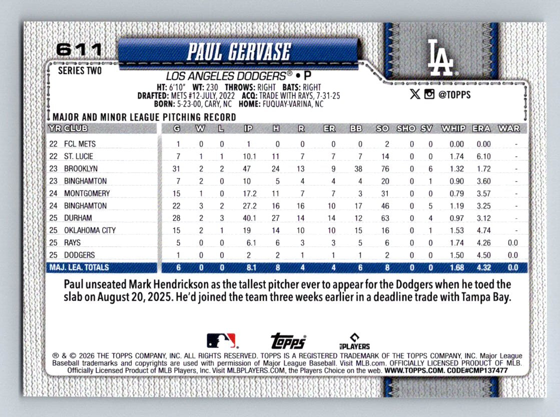 2026 Topps #611 Paul Gervase
