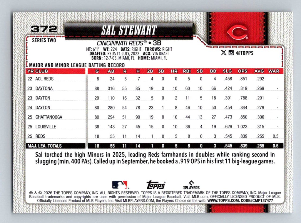 2026 Topps #372 Sal Stewart