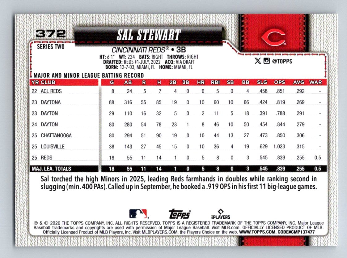 2026 Topps #372 Sal Stewart