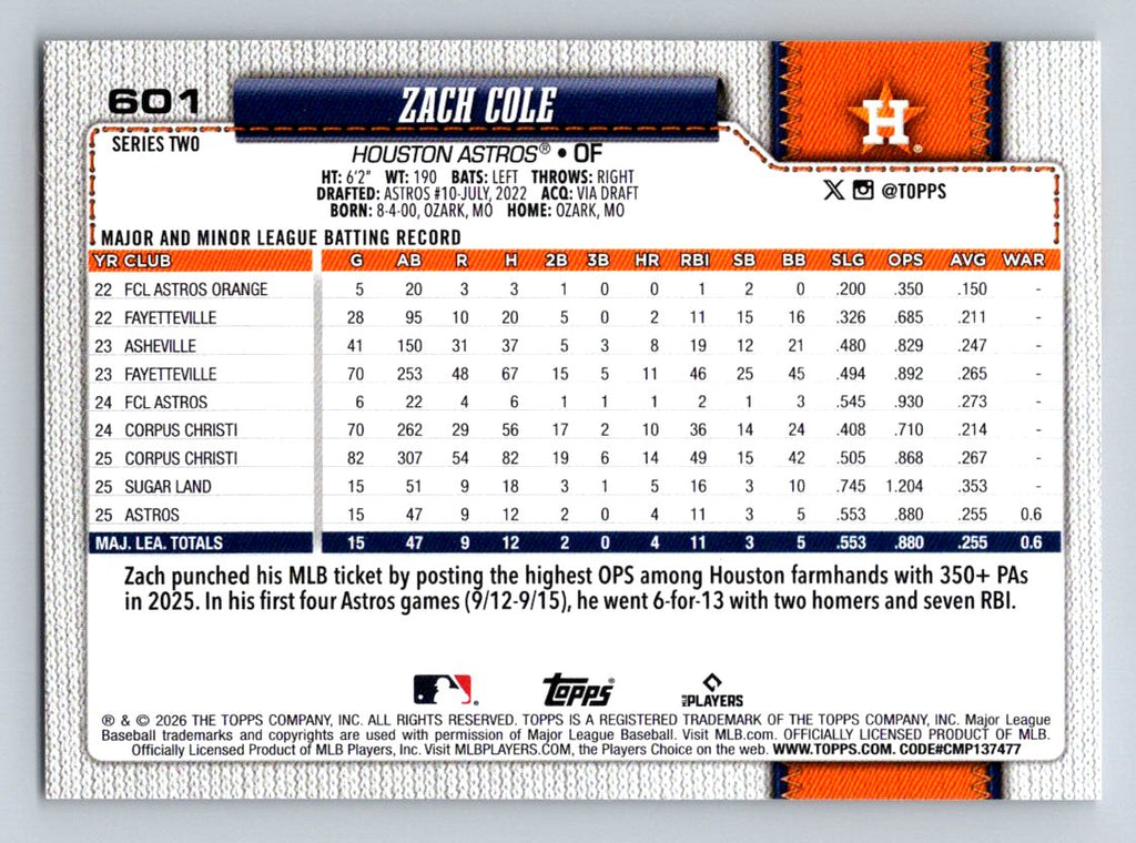 2026 Topps #601 Zach Cole