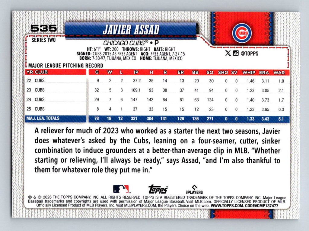2026 Topps #535 Javier Assad Holo Foil