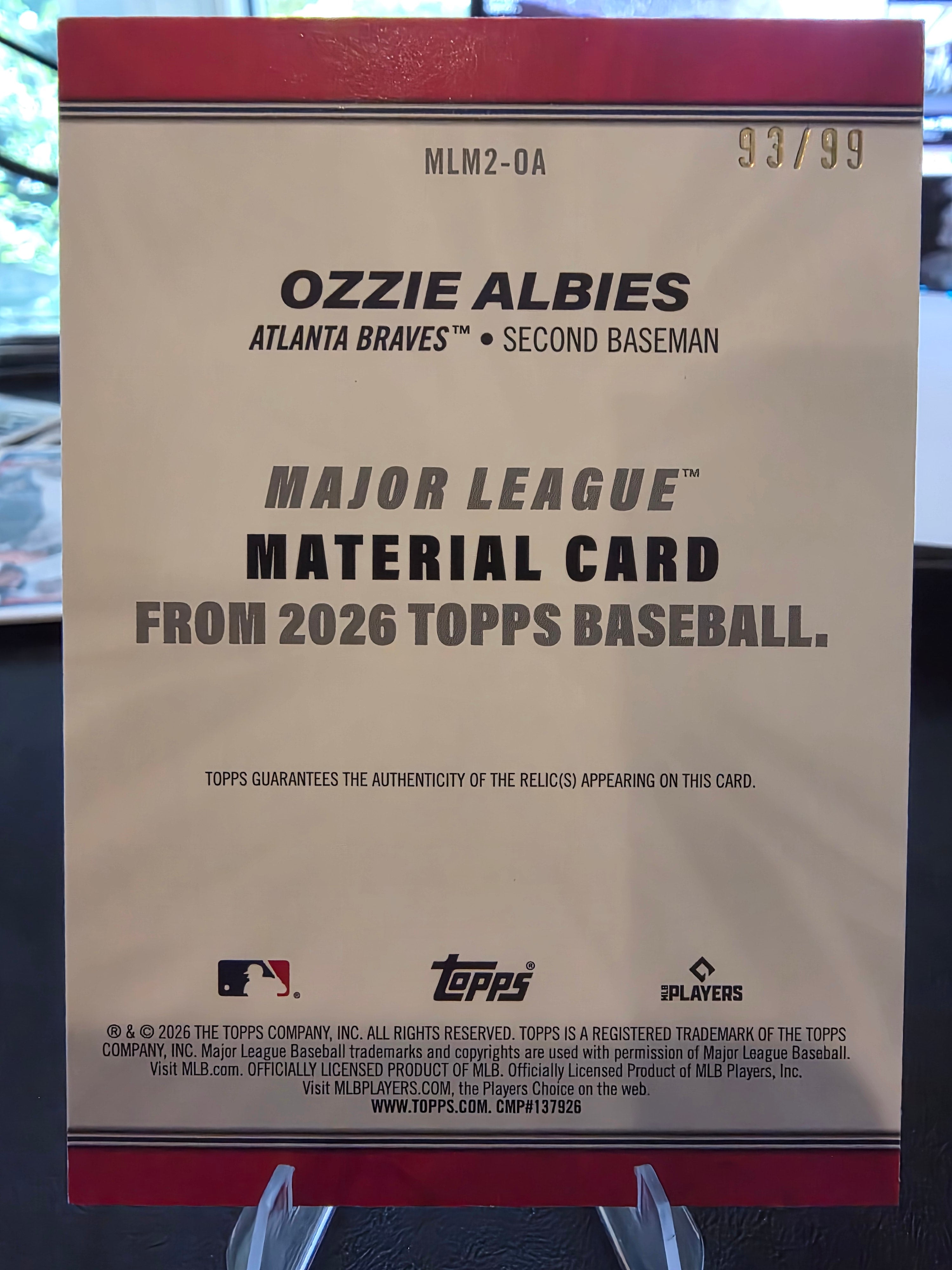 2026 Topps #MLM-OA Ozzie Albies Major League Materials Relics Green #/99