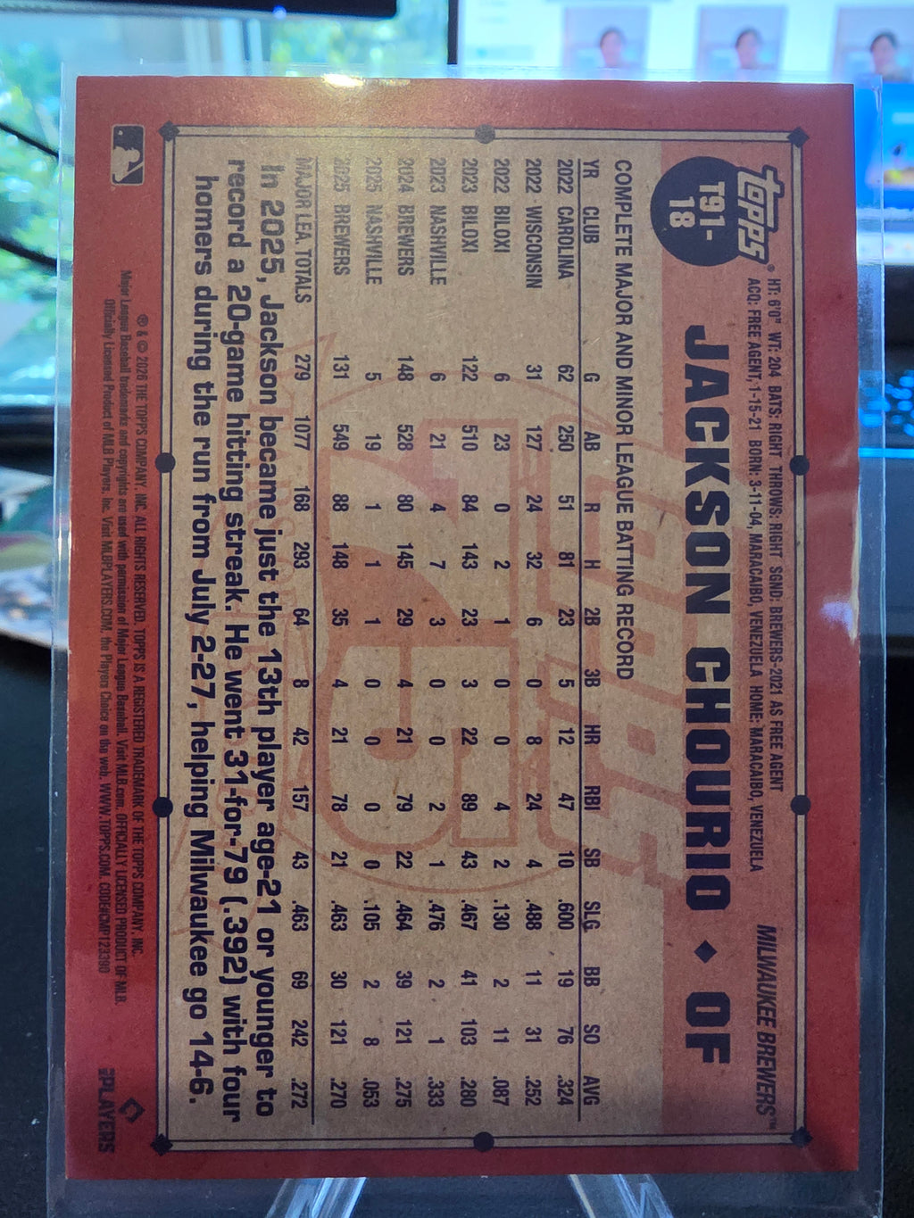 2026 Topps #T91-18 Jackson Chourio 1991 35th Anniversary Crackle Foil